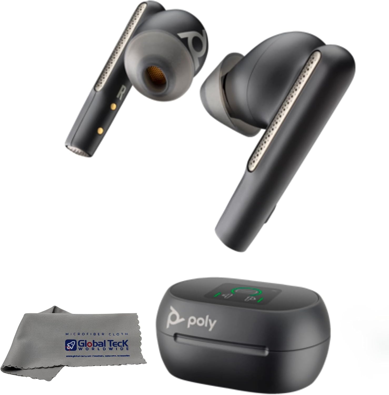 Poly Plantronics Voyager Free 60+ Bluetooth UC Earbuds with Touchscreen Charge Case (Teams, USB-C) - Global Teck Bundle with Microfiber Cloth - Compatible with Popular and Latest Meeting Platforms