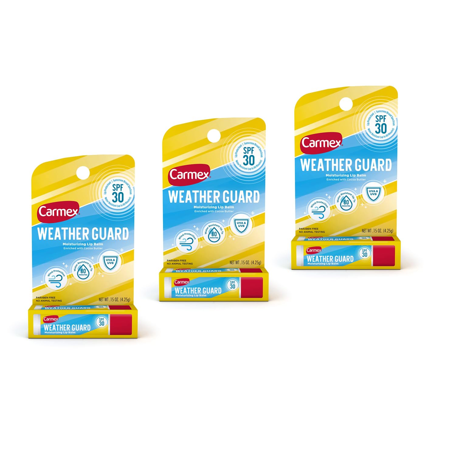 Carmex Weather Guard Moisturizing Lip Balm, SPF30, 0.15 oz (Pack of 3)