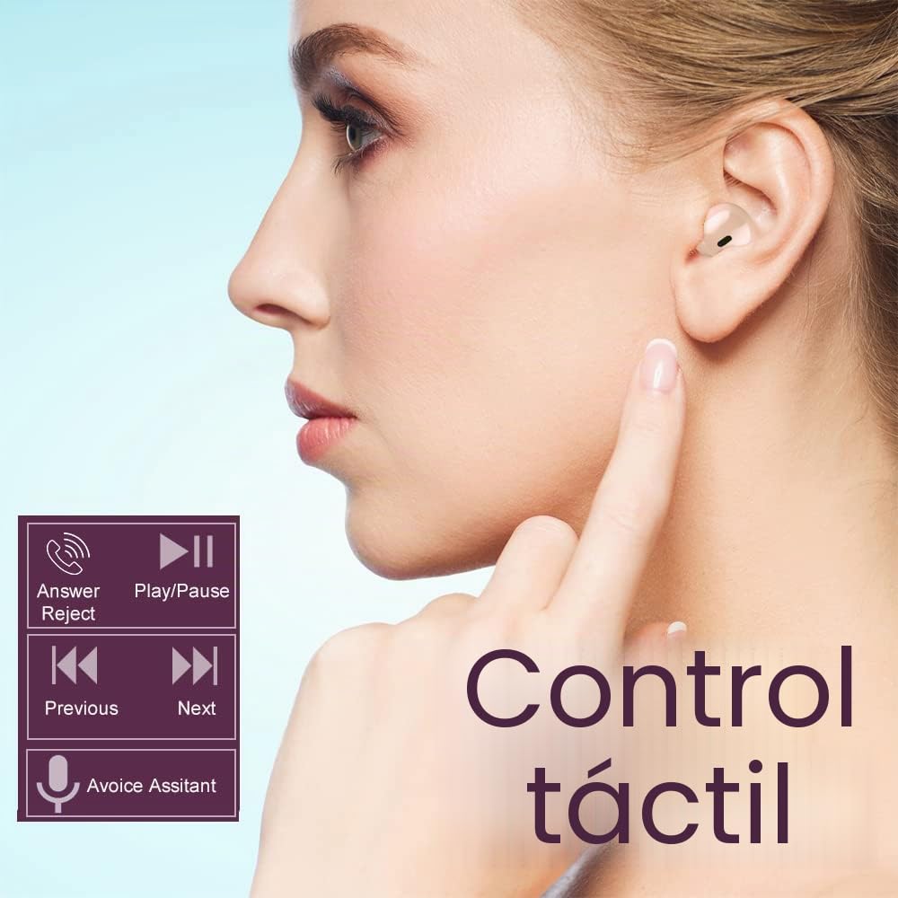 Auriculares Inalámbricos Mini Invisibles Bluetooth, Auriculares Semi-In-Ear Pequeños para Trabajo y Uso Diario, Control Táctil, Livianos para Música y Audiolibros (Beige único)