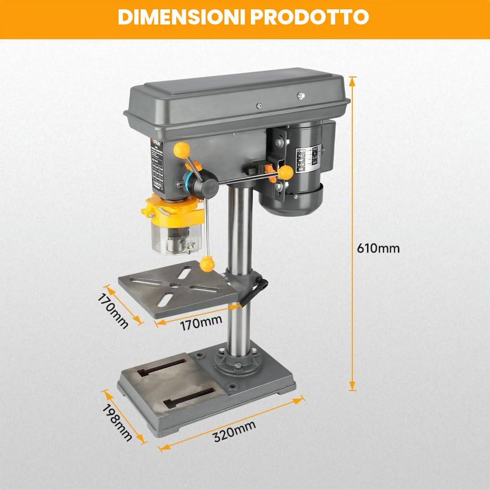 Hoteche Trapano da tavolo con supporto da 500 W, 230 V, 9 velocità da 280 a 2350 giri/min, diametro massimo di foratura 16 mm, 50 mm, distanza mandrino MT2, ideale per lavori di perforazione precisi,