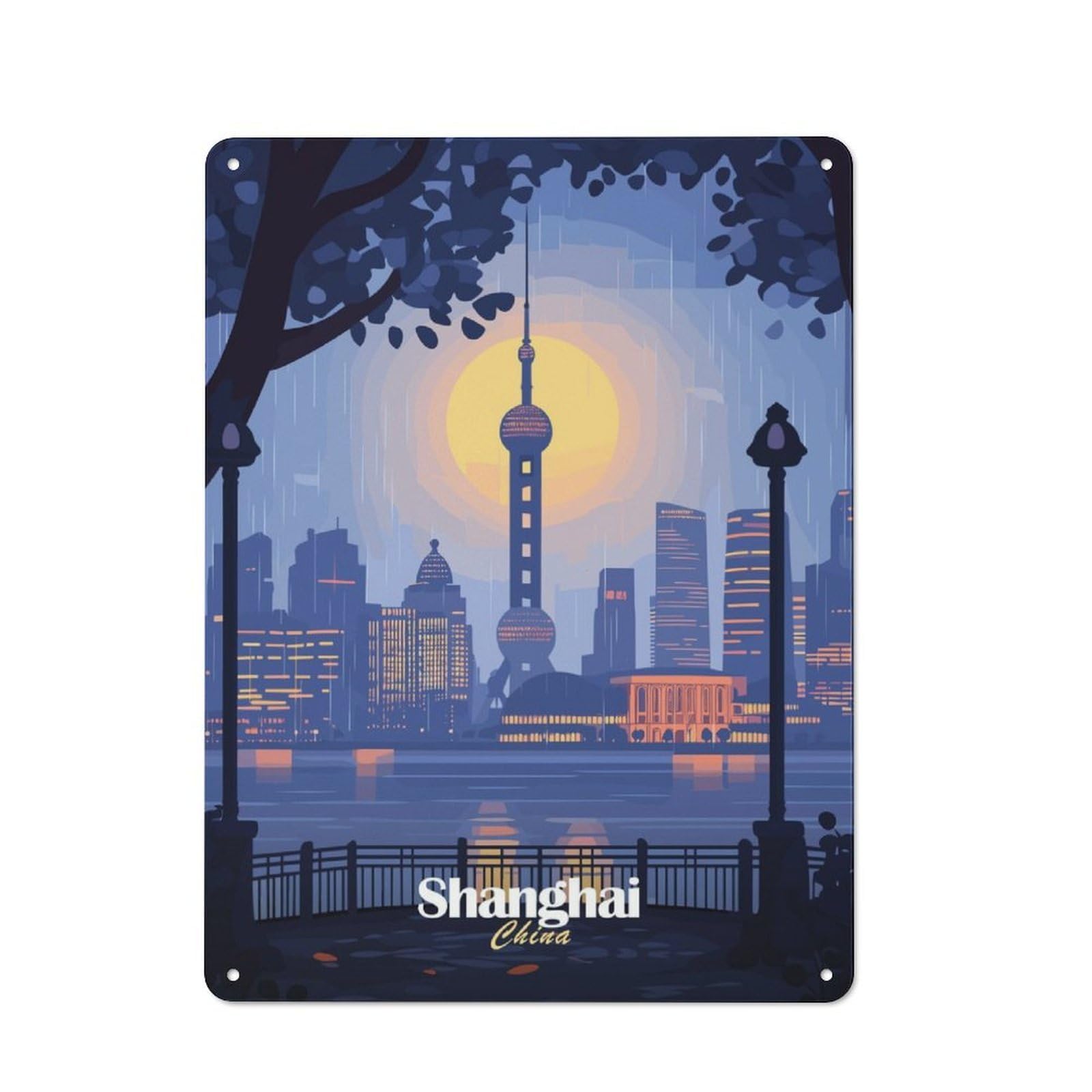 Junmoney Shanghai Skyline Vintage Metal Plaque 40X30cm For Home Office Or Studio, Seasonal Metal Wall Decor For Winter Interiors