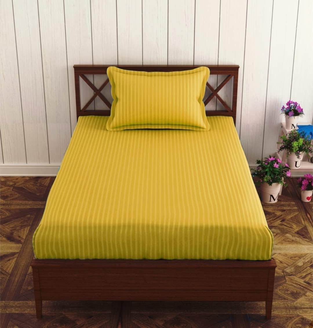 210 TC Glace Cotton Plain Stripe Single Bedsheet with One Pillow Cover for Home Hotel (60X90) Inch (Yellow)-image-4