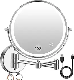 Espelho de maquiagem LED montado na parede 1 ×/15 × ampliação – recarregável por USB, luz sensível ao toque de 3 cores, rotação de 360°, dupla face de 20 cm, bateria de 2000 mAh, ideal para