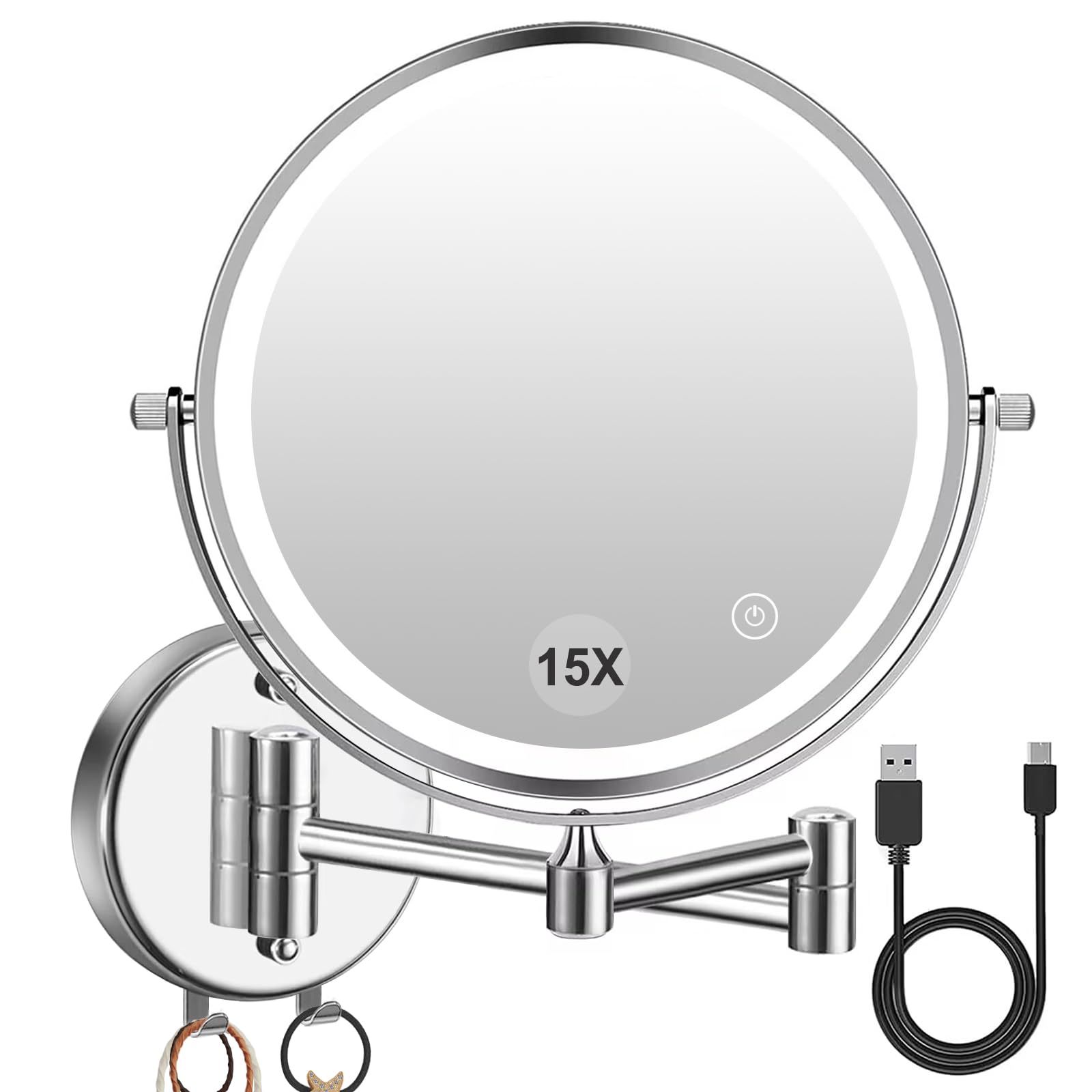 Amelar 1X/15X Wall Mounted Makeup Mirror with Hook, USB Rechargeable LED 3 Color Lights Two Sided 8 Inch Magnifying Mirror, Touch Switch Intelligent Shutdown 360° Vanity Mirror for Bathroom Hotel