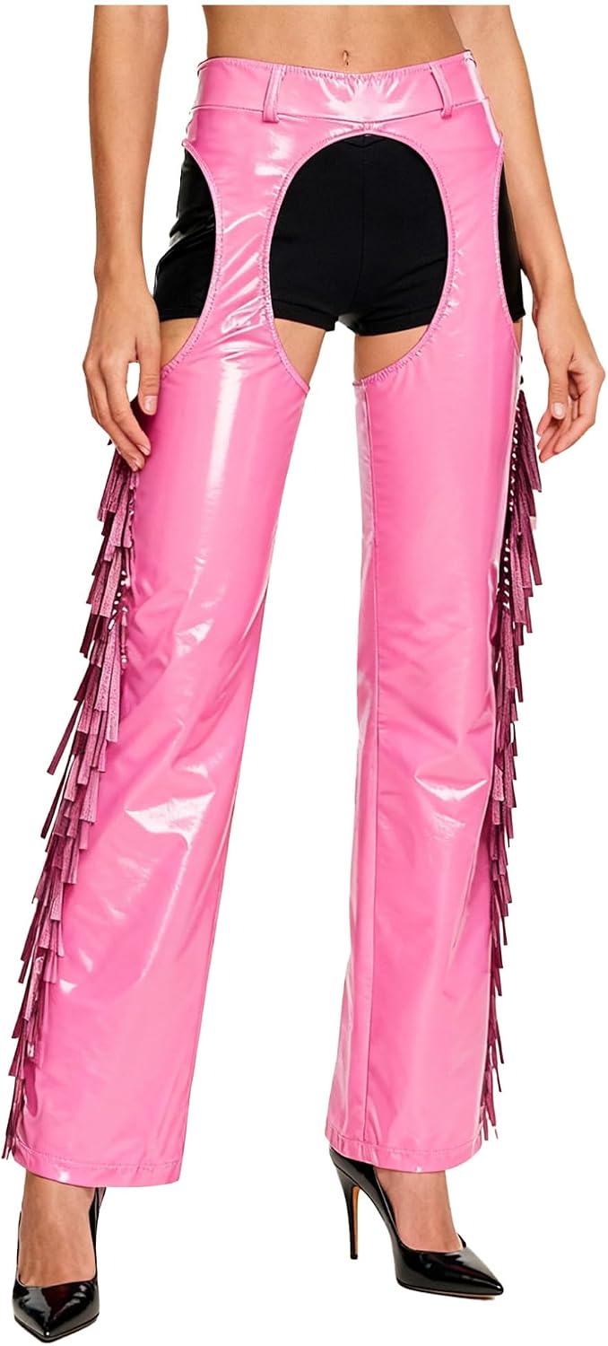 Freebily Womens Cowboy Chaps Pants Patent Leather Side Fringe Cowgirl Chaps Trousers for Rave Outfits
