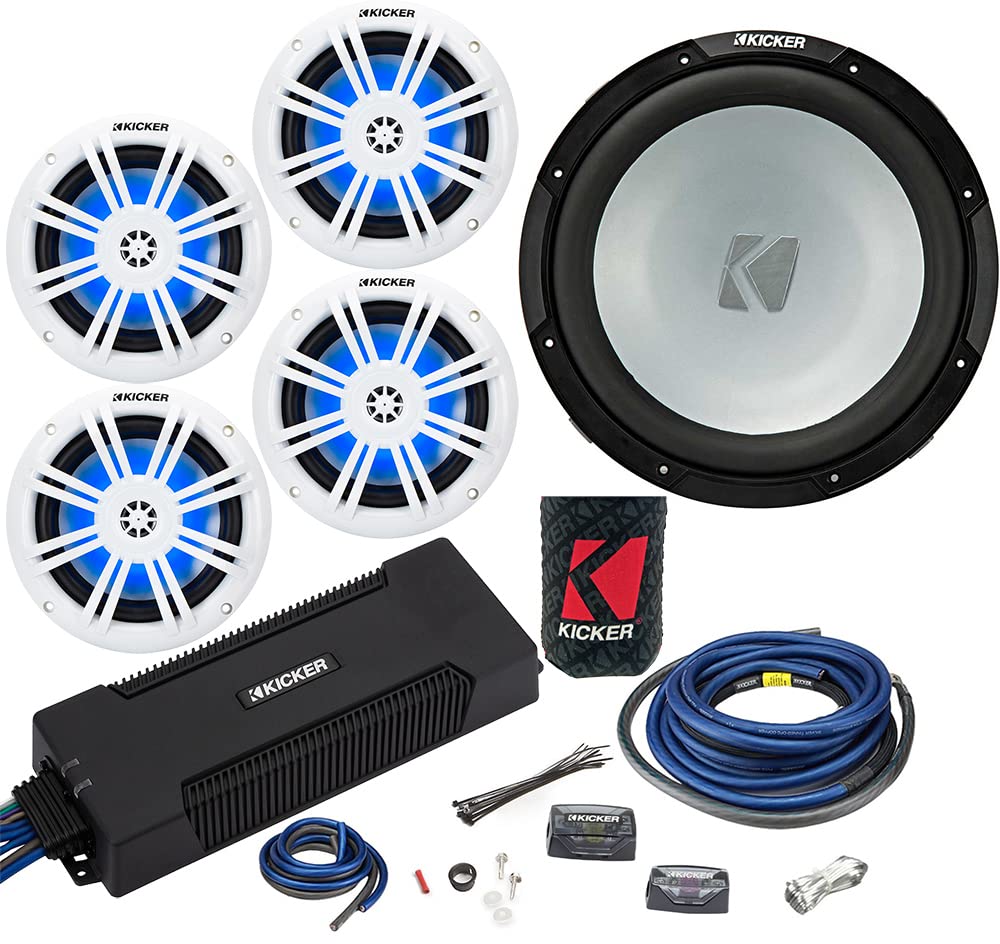 KICKER Speakers and Amp Package of 5 Items: 5-Channel Waterproof Amplifier with 12