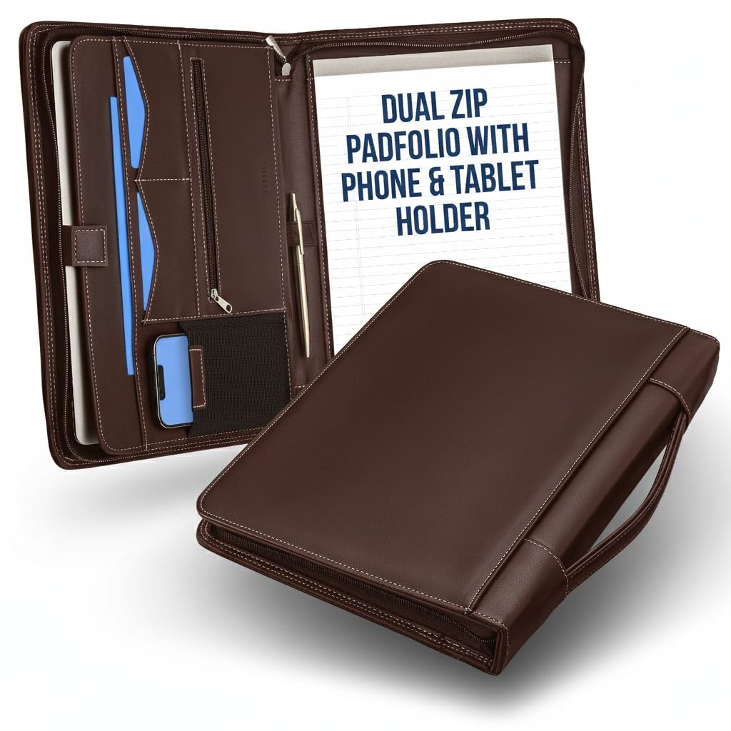 STYLIO A4 porte-documents couleur noyer à fermeture éclair avec poignée de transport | Organiseur pour documents, iPad, tablette, carnet | Classeur professionnel en cuir pour hommes et femmes