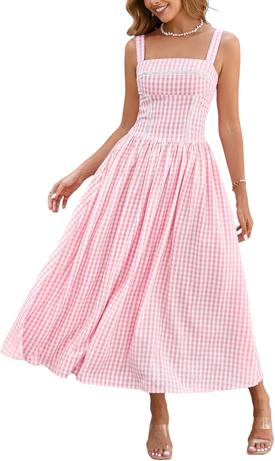 XinFSh Women’s 2025 Summer Boho Midi Dress Plaid Square Neck Smocked Dresses Casual Flowy Beach Vacation Pockets Sundress