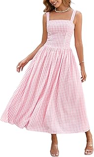 Women's 2025 Summer Boho Midi Dress Plaid Square Neck Smocked Dresses Casual Flowy Beach Vacation Pockets Sundress - Buy now