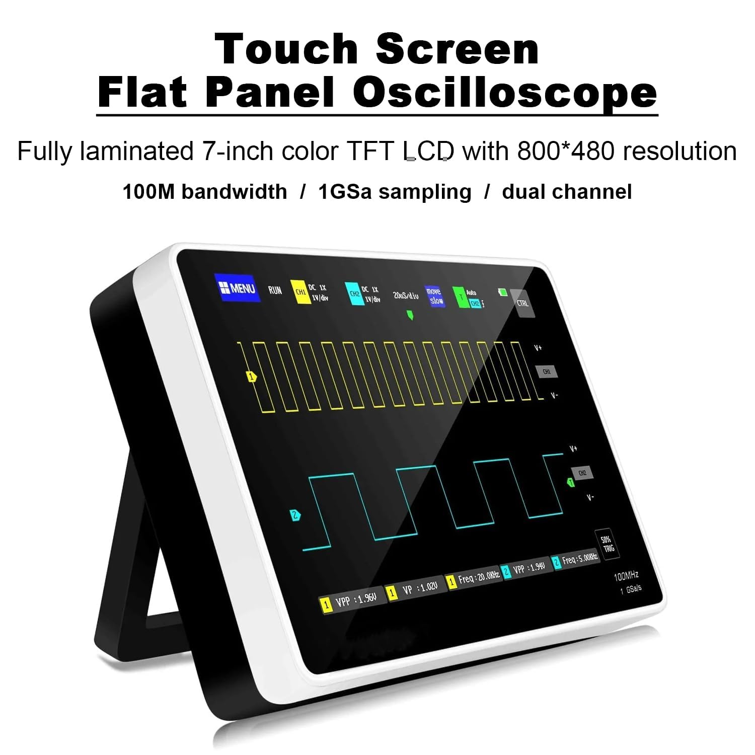 Oscilloscopio Tablet a 2 Canali, WapoRich Oscilloscopio Portatile con Sonda ad Alta Tensione 100X, Larghezza di Banda 100MHz, Frequenza di Campionamento 1GSa/s, Memoria per 1000 Screenshot