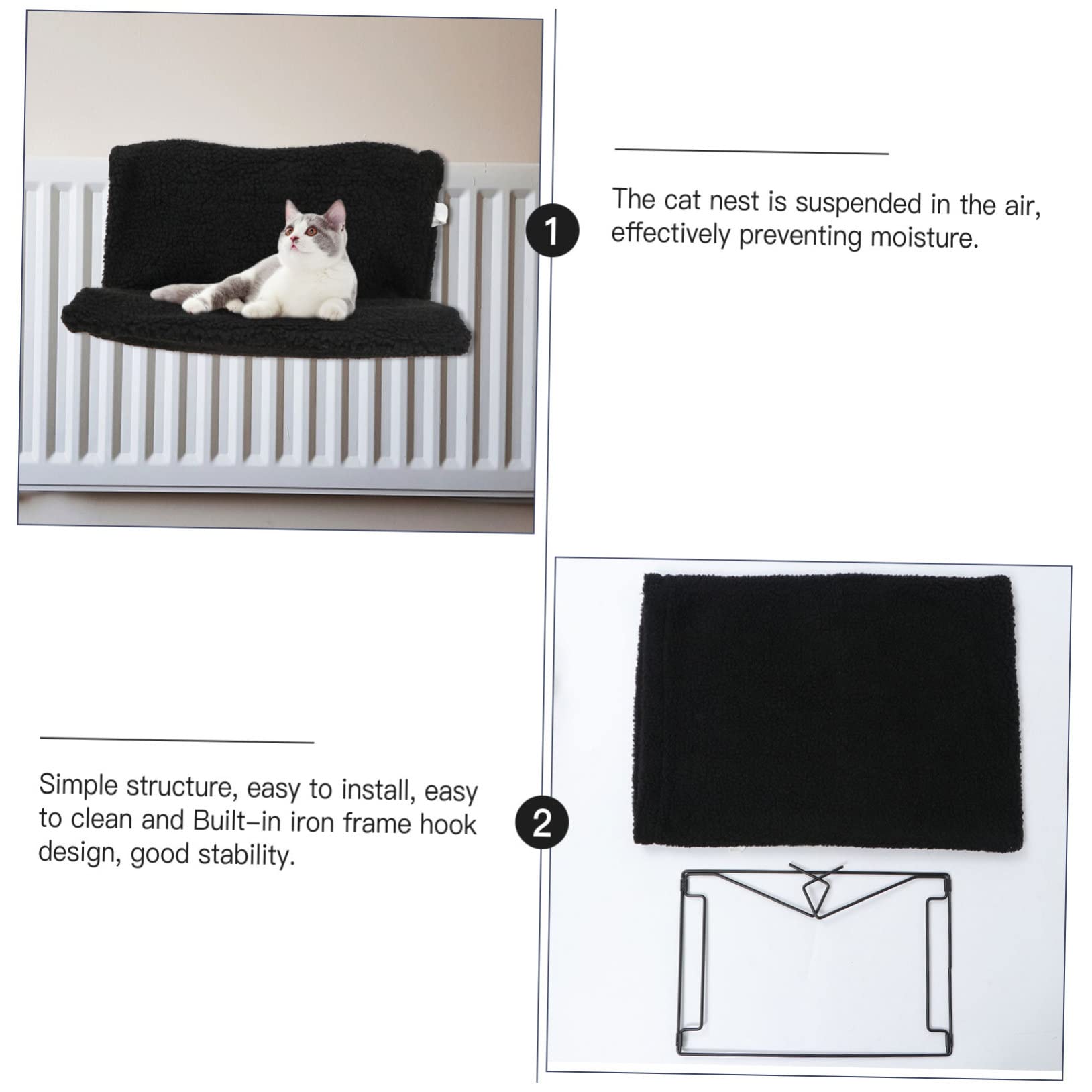 Hamaca para Gatos Colgante Estructura de Metal y Almohadón de Vellón Negro, Cama Cálida para Invierno Fácil de Almacenar y Desmontable