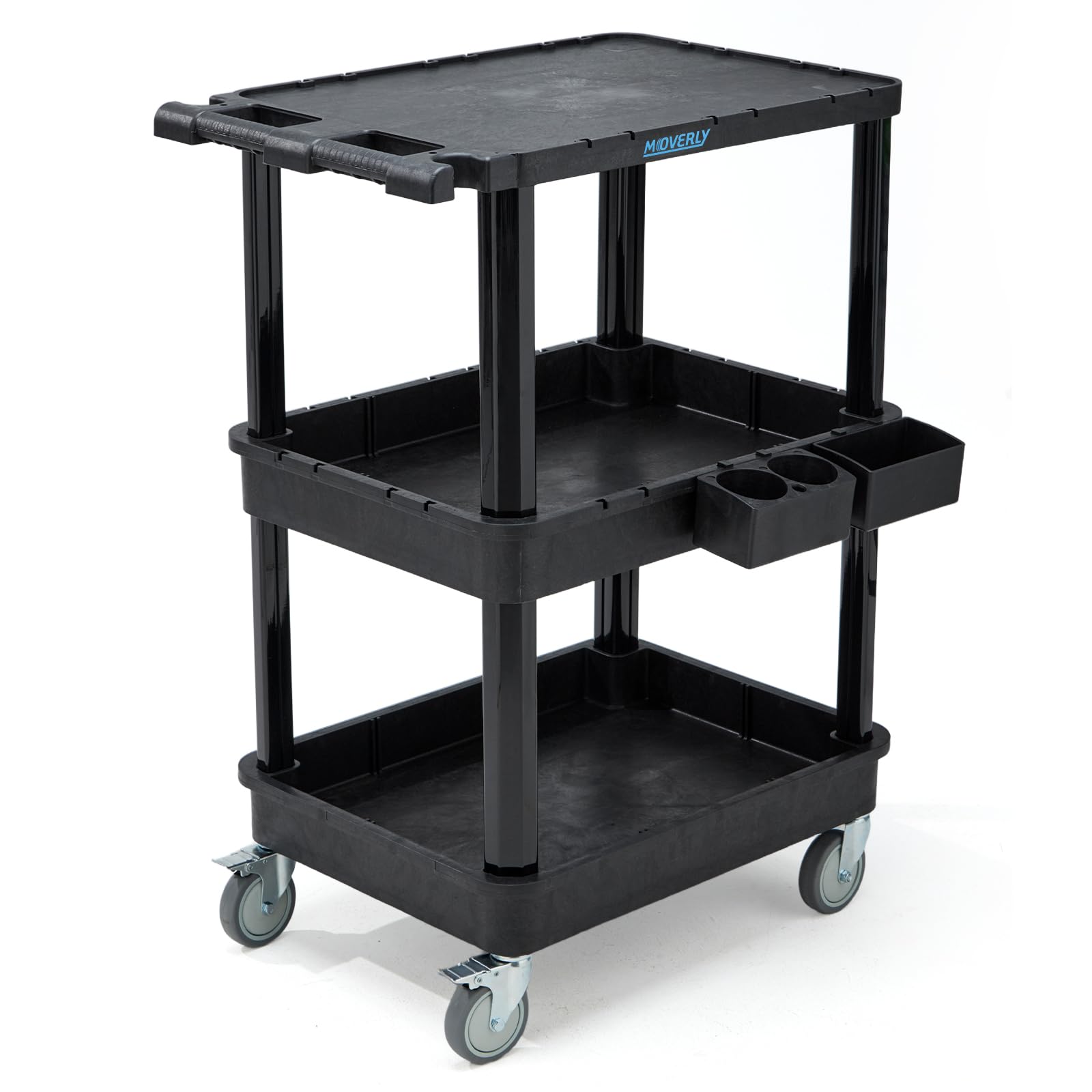 3-stufiger Rollwagen mit Flacher Ablage & tiefen Regalen, 70 x 46,4 cm, Kunststoff-Mehrzweckwagen mit 10 cm Rollen, 150 kg Tragkraft – für Büro, Werkstatt, Lager geeignet