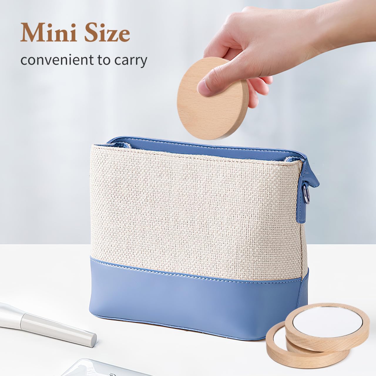 Confezione da 2 piccoli specchietti tascabili in legno, rotondi, compatti, portatili, per borsa da donna da 6 5 cm e 7 5 cm, ideale per bambini e bambini