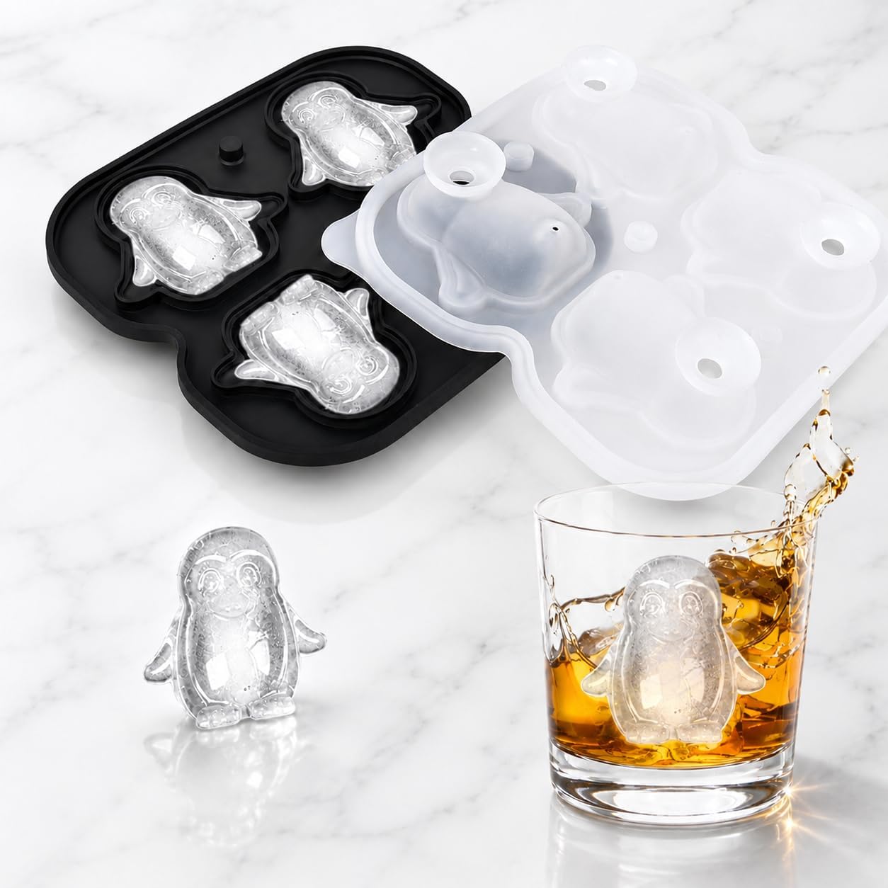 Penguin Ice Cube Tray Mold - 3D Penguin Shape Ice Cube Trays, Cute Ice Cube Molds for Whiskey Bourbon, 4-Hole Large Fun Shapes Ice Cube Trays, Funny Penguin Gifts for Penguin Lovers Women Men