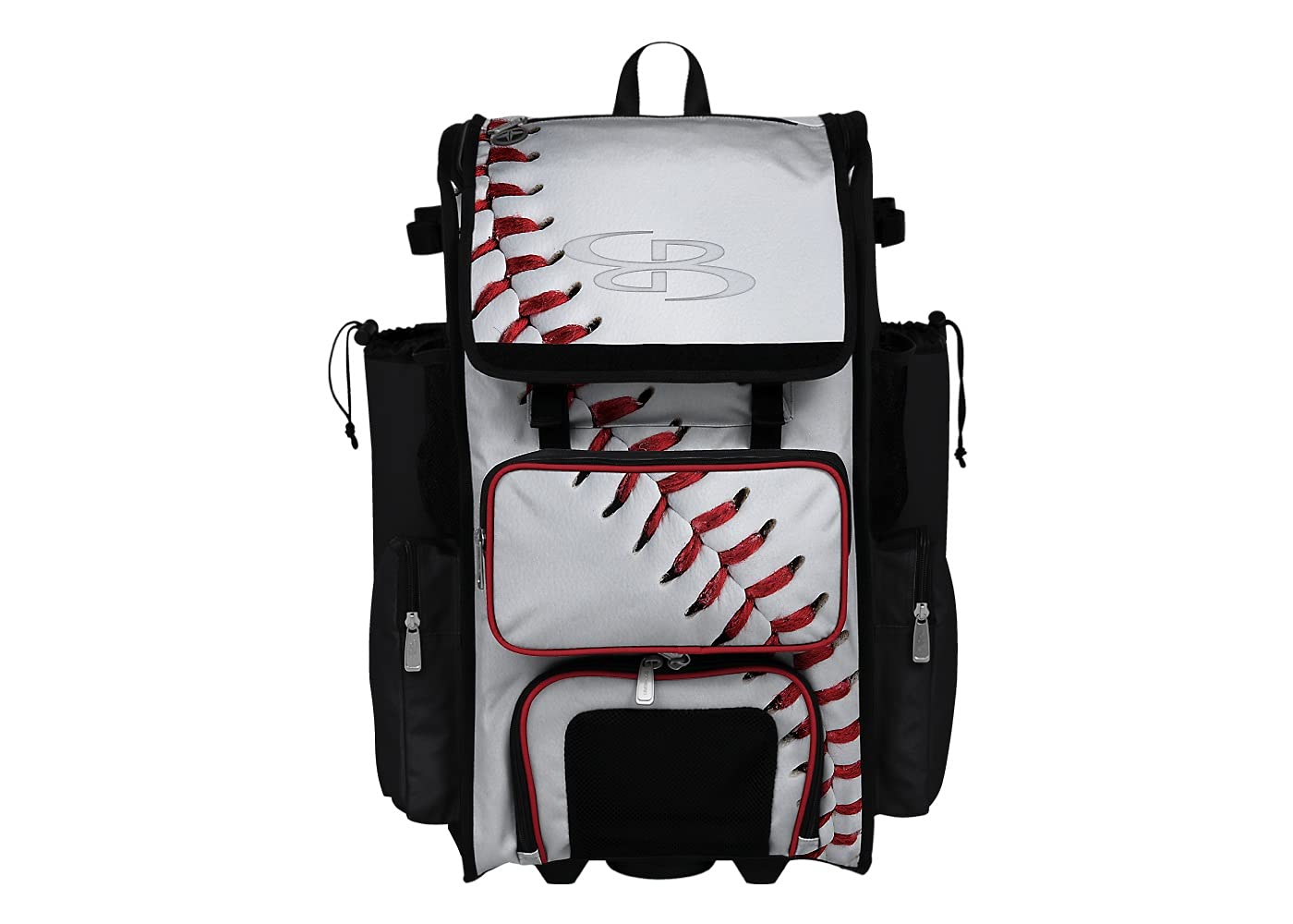 Boombah Rolling Superpack 2.0 Baseball/Softball Gear Bag - 23-1/2" x 13-1/2" x 9-1/2" - Baseball Homerun White/Black/Red - Telescopic Handle - Holds 4 Bats - Wheeled Version
