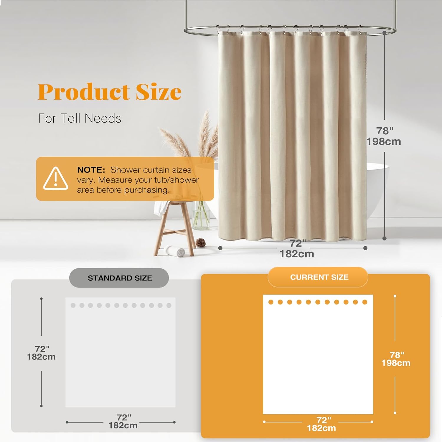 BTTN Long Fabric Shower Curtain, 78 Inch Linen Textured Heavy Duty Polyester Cloth Shower Curtain Set with 12 Plastic Hooks, Hotel Luxury Waterproof Shower Curtains for Bathroom - 72"x78", Beige/Cream