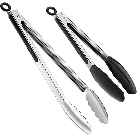 ChefAide Set of 2 Cooking Tongs,18/8 Stainless Steel and Silicone Rubber Grips with 600ºF High Heat-Resistant,Kitchen Utensils,Cooking Utensils for Grill,Salad,BBQ,Frying,Baking,Serving 9/12 inches