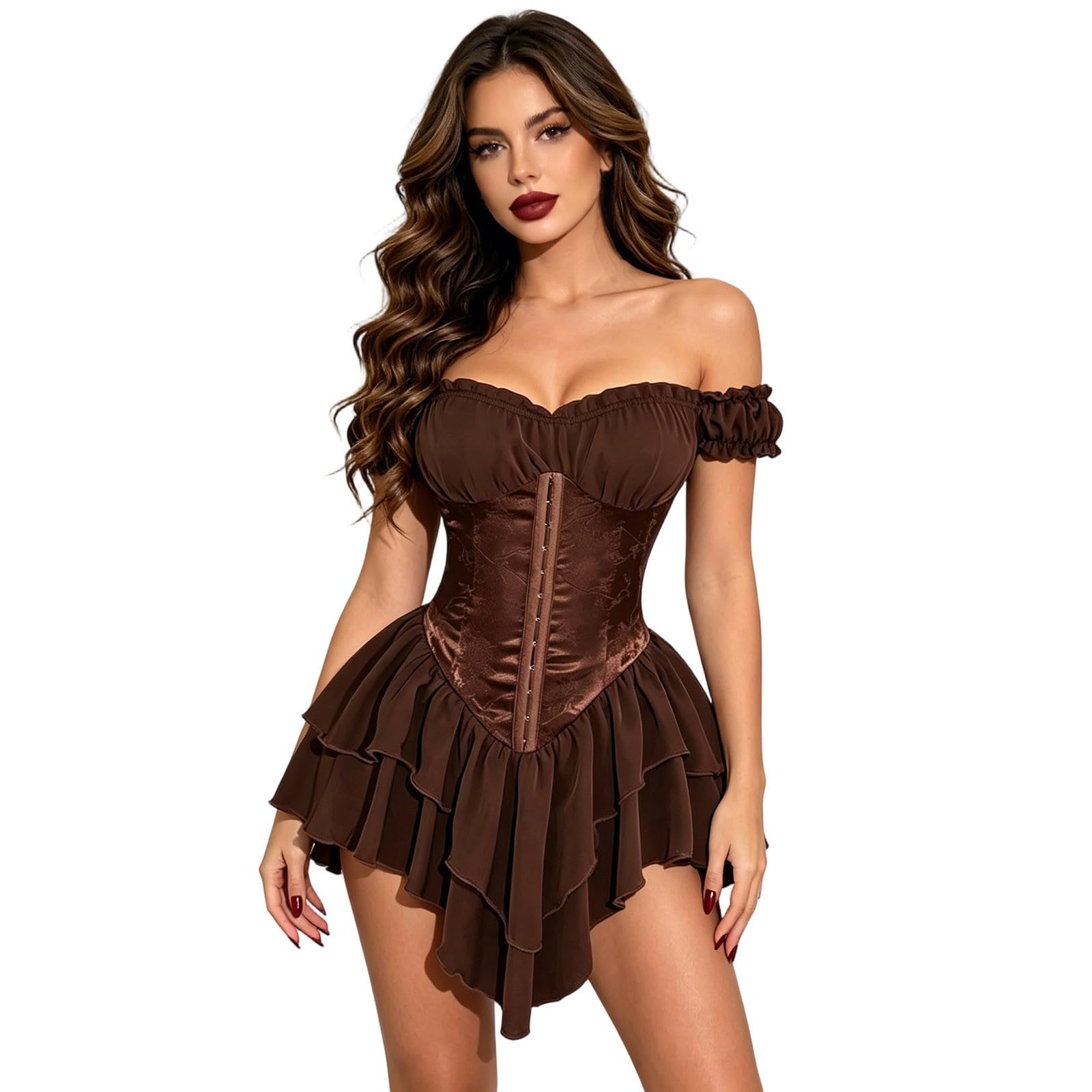 White Pirate Dress Off Shoulder Ruffle Romper Dress White Pirate Halloween Costume Short Puff Sleeve Smocked Jumpsuit Overall Elastic Waist A-Line Shorts Mini Dresses — image 1