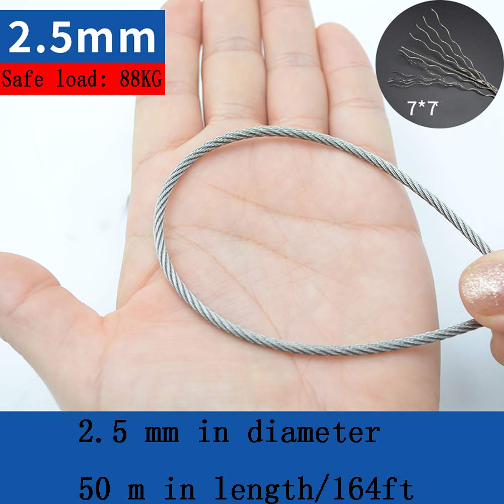 Cuerda de Alambre de Acero Inoxidable de 7 x 7 Hilos Core Aircraft Cable, Diameter2.5mm Long:50M/164ft