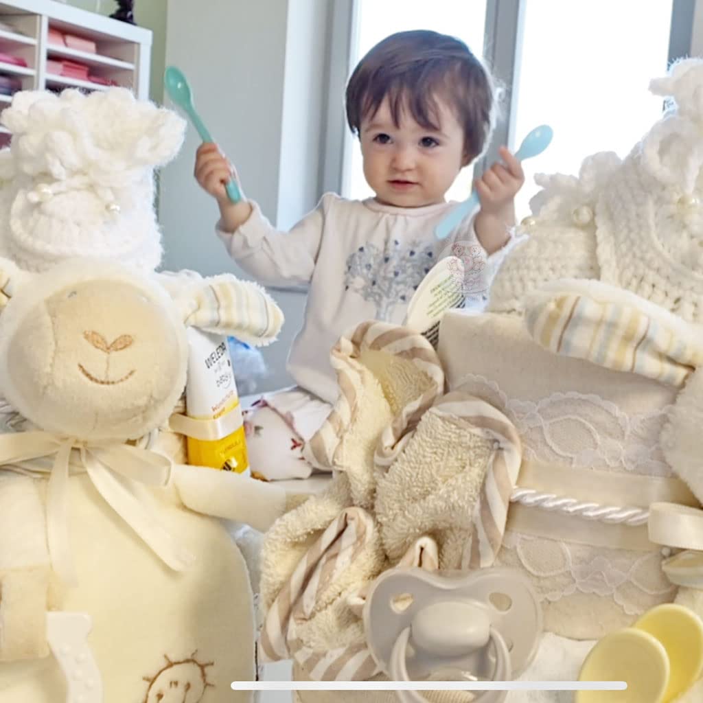 MomsStory Gâteau de Couches Neutre Mouton 2 Étages Beige Cadeau Naissance Baby Shower