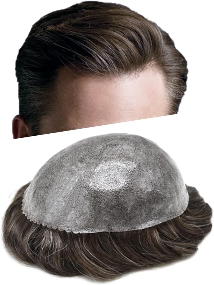 LOVIN HAIR Toupee For Men Human Hair Piece Replacement Systems Full Injected Pu Mens Toupee Durable Thin Skin Pu Hair System for men 7x9" #320 Dark Brown+20% Gray-120% Medium Light to Medium Density