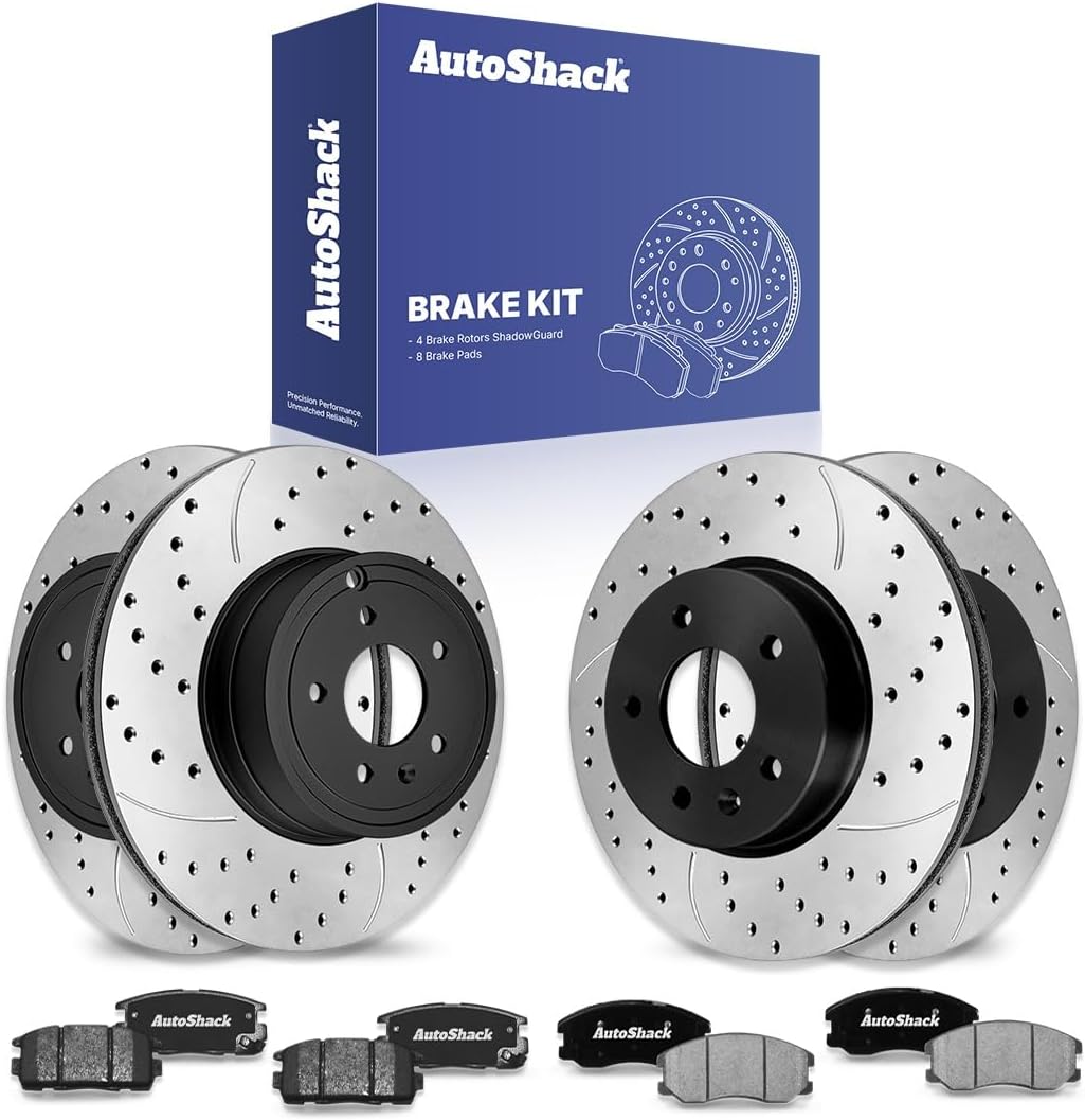 AutoShack Front Vented & Rear Vented Drilled & Slotted E-Coated Brake Rotors + Ceramic Pads 12-PC Brake Kit Replacement for 2007-2009 Chevrolet Equinox 2008-2010 Saturn Vue ShadowGuard