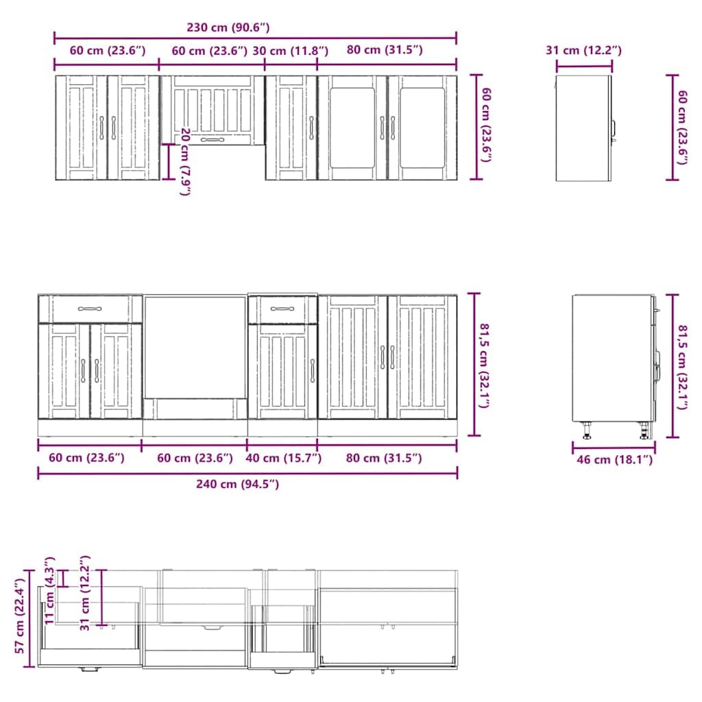 8-TLG Küchenschrank-Set Kalmar Modulare Küchenzeile Schwarz | Modulare Miniküche für Ihre Küche mit verstellbaren Füßen und vielseitigem Stauraum aus robustem Holzwerkstoff.