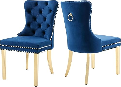 Miniatura 84 de Juego de 2 sillas de comedor, sillas de terciopelo copetudas con patas de acero inoxidable doradas, anillo de metal con ribete de remache, respaldo