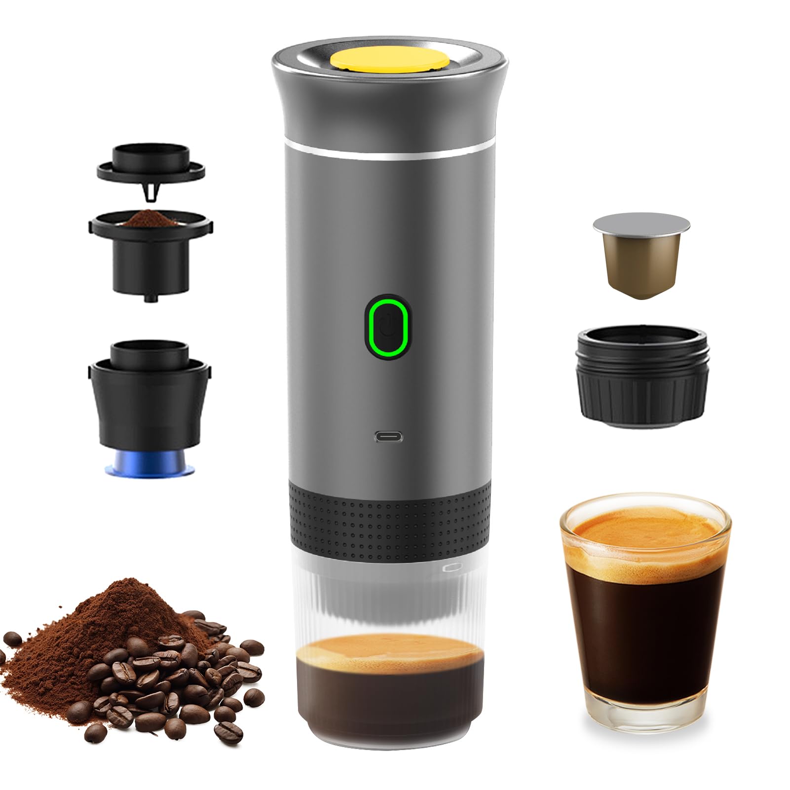 3 in 1 Macchina per Il caffè elettrica Portatile, Mini Funziona con Capsule e caffè macinato, 15 Bar & Freddo e riscaldante per Auto, casa, Viaggio