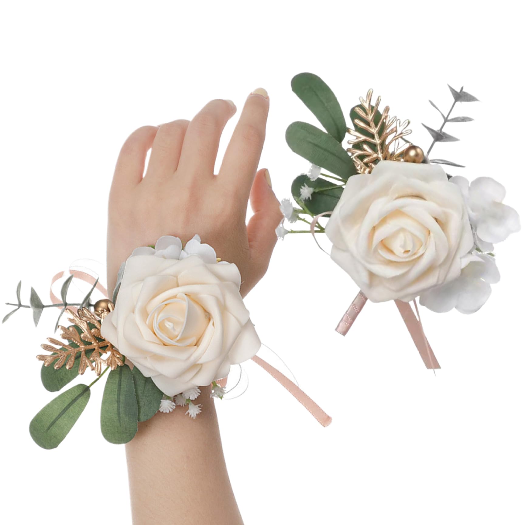 Ameble Men's Champagne Corsage And Boutonniere Set Rose Flower Prom Corsage And Boutonniere Pin Wrist Wristlet Ties For Wedding Flower Accessories Prom Suits Color.