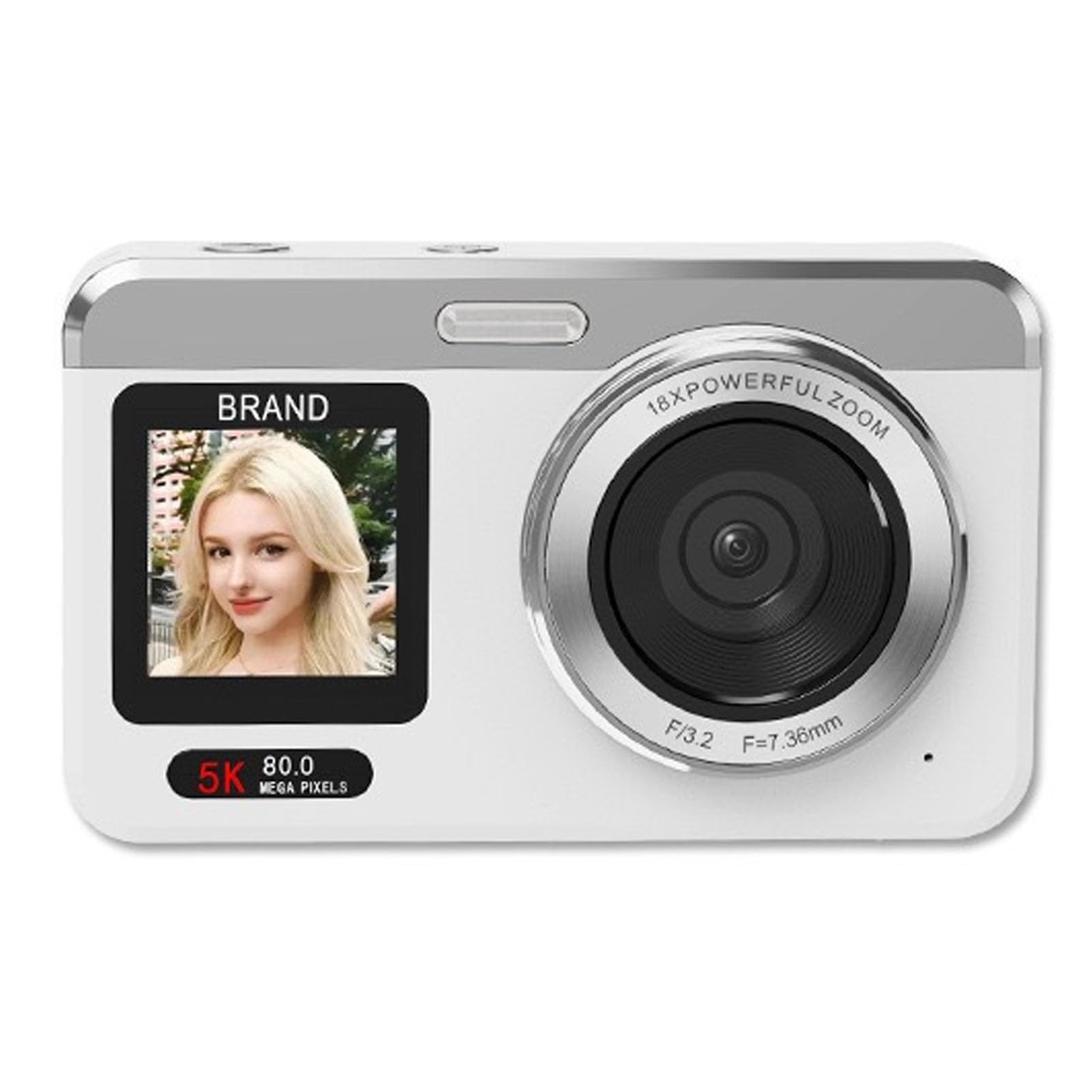 Dpofirs Fotocamera Digitale 5K 80MP, Doppio Schermo con Autofocus Zoom Digitale 18X Flash LED, for Fotografia Viaggio Registrazione Video Selfie Vlog (WHITE)