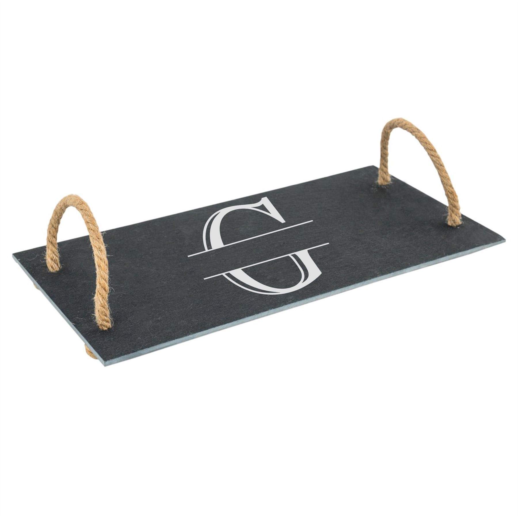 Personalised Engraved Novelty Initial and Name Slate Serving Tray with Rope Handles, Letter G, Personalise with Any Name, Perfect for Any Occasion