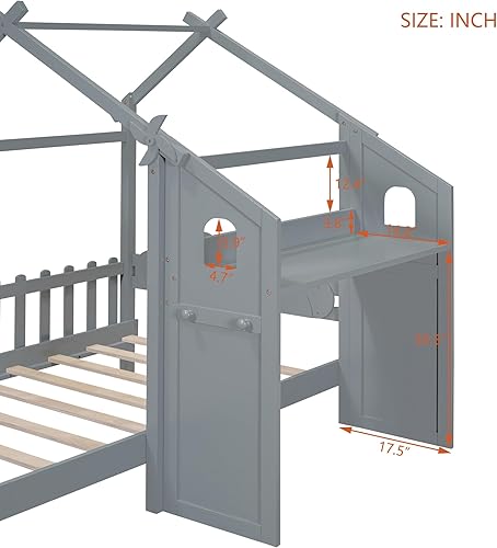 Miniatura 113 de Cama de casa de tamaño individual con 2 cajones, marco de cama de madera y barandilla de seguridad. Ahorra espacio, ideal para el dormitorio de un
