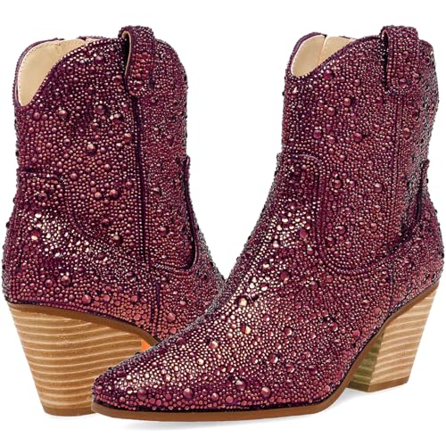 LEHOOR Women Rhinestone Western Cowboy Ankle Boots Glitter Chunky Stacked Heel Cowgirl Booties Pointed Toe Short Boot Shoes Side Zipper 2 Inch Block Heels Sparkly Studded Fashion Ladies 4-11 M US