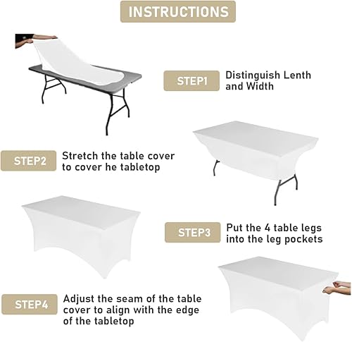 Miniatura 4 de Fixwal Paquete de 10 manteles de elastano de 6 pies para mesas de 6 pies, mantel elástico rectangular ajustable, lavable para mesa de patio (blanco,