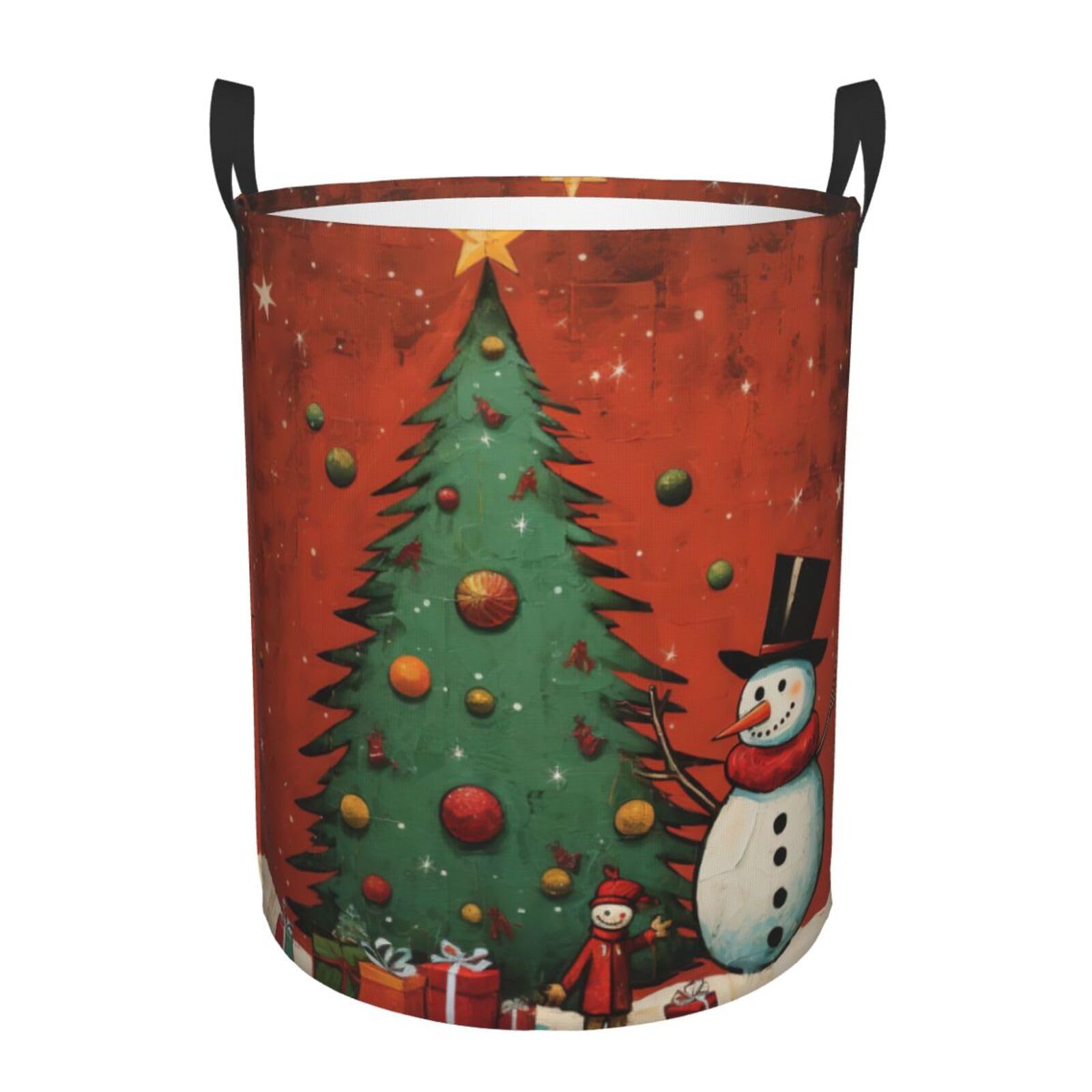 S Collapsible Laundry Hamper Round snowman Christmas Tree Print Storage