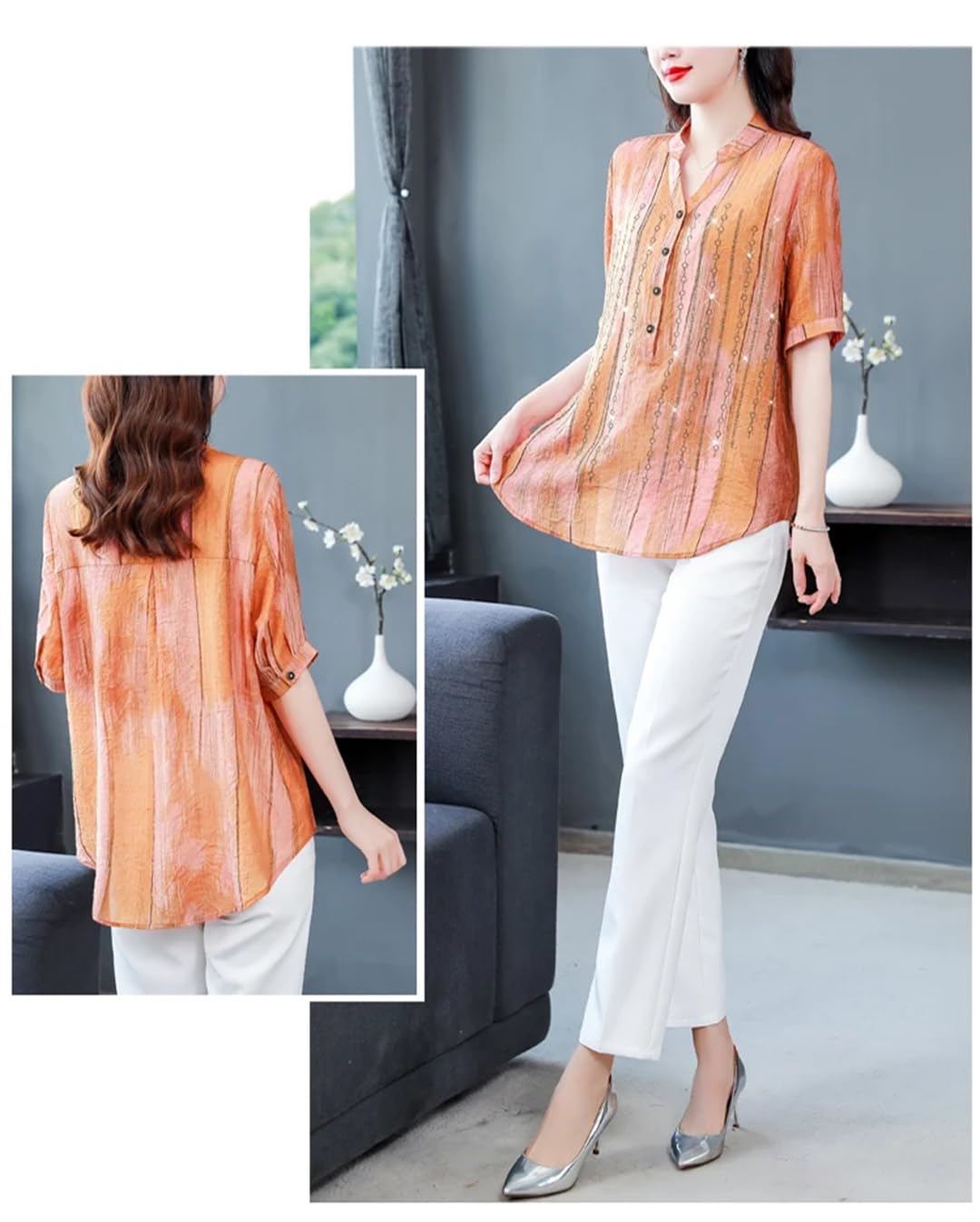 Top estivo da donna in chiffon stampato, scollo a V, ampio, con stampa a diamante, sottile
