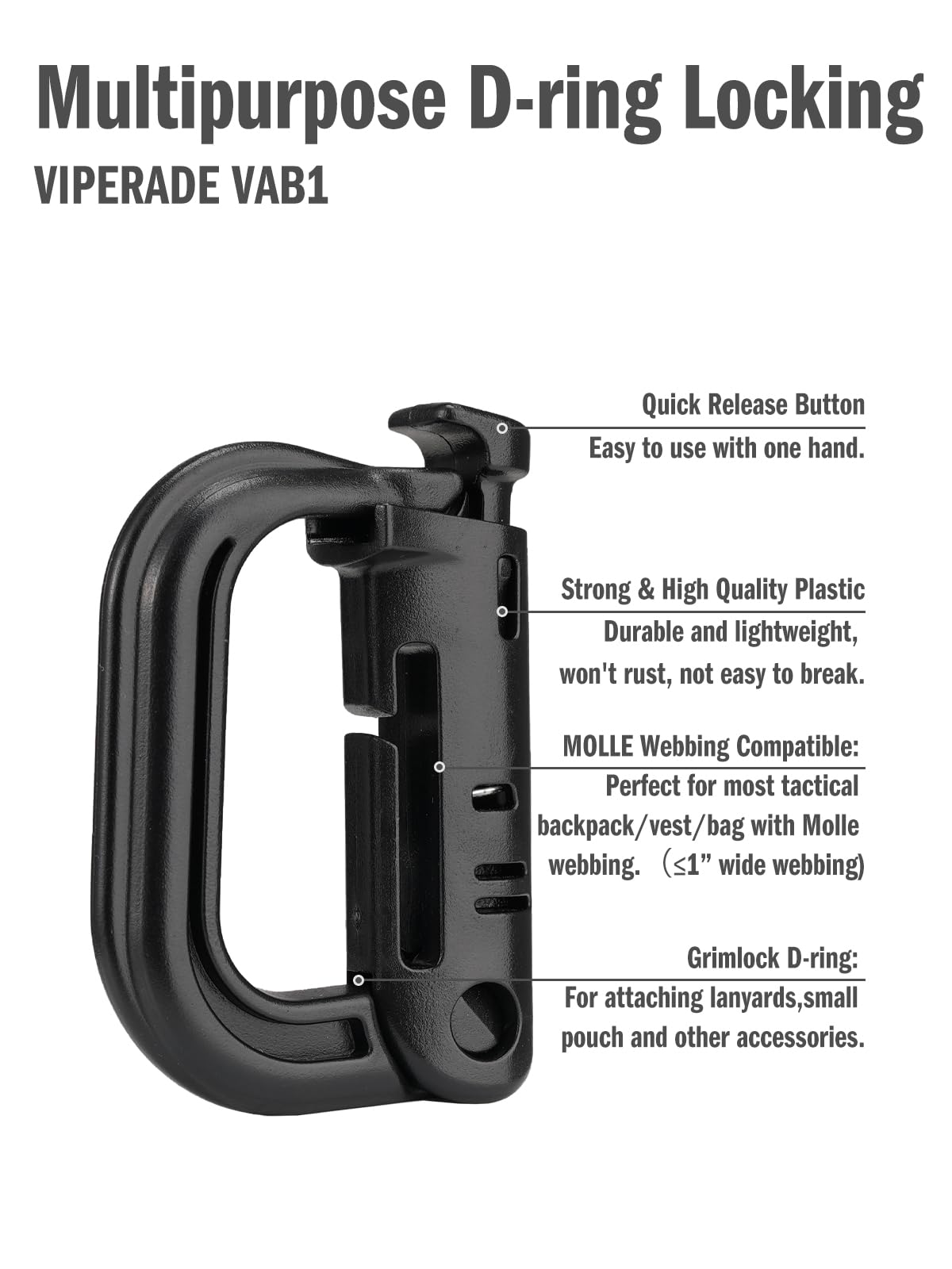 VIPERADE VAB1 10 Pack Multipurpose D-Ring, Grimlock Locking for 1.4