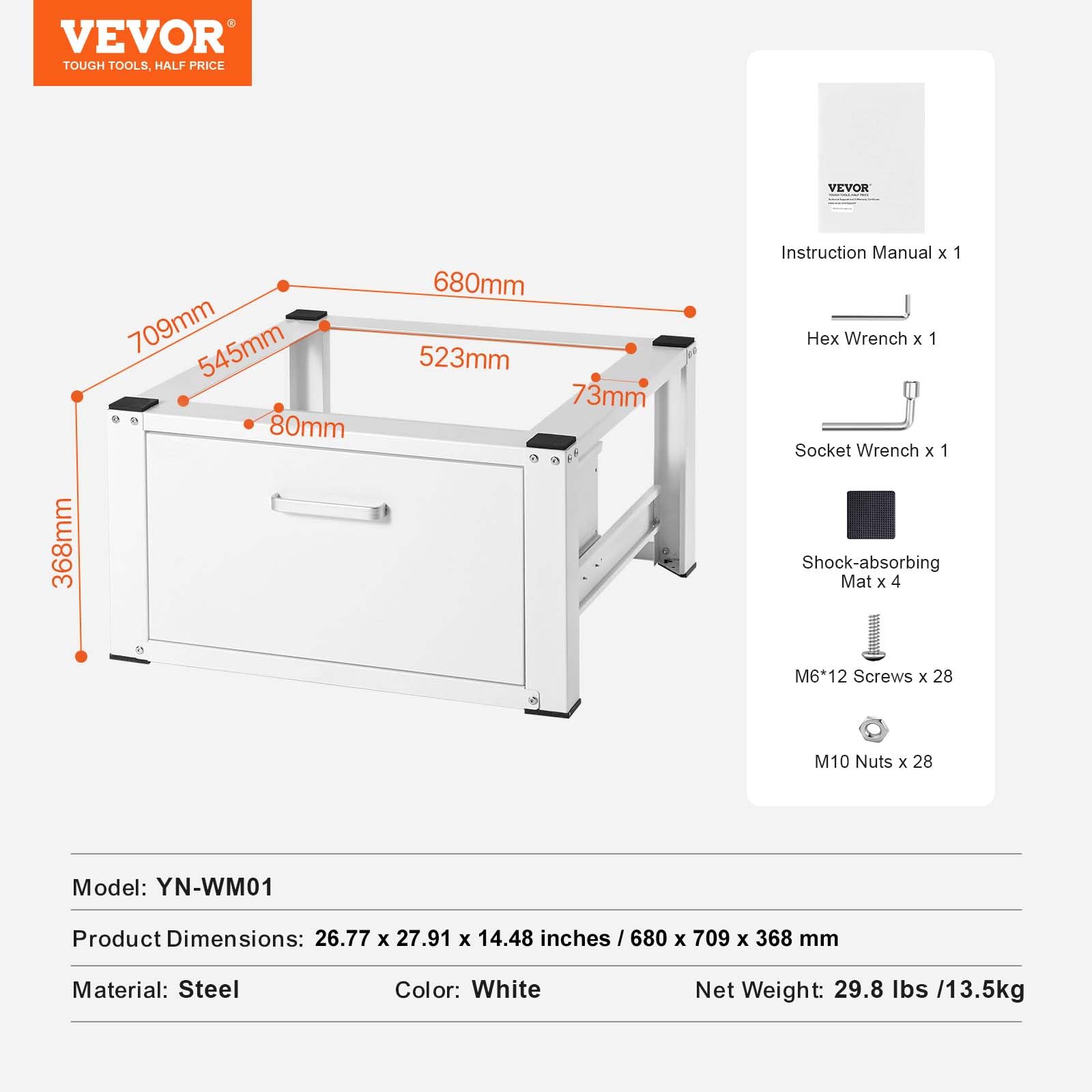 VEVOR Uniwersalna podstawa do pralki 685,8 x 363,22 mm, wytrzymała wielofunkcyjna podstawa do pralki z szufladą i wieloma akcesoriami do pralki