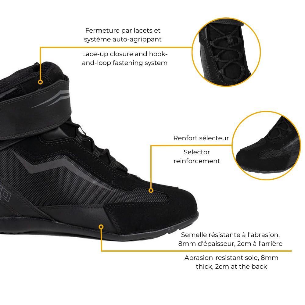 RUGGER Chaussures Moto Homme Certifiées CE Microfibre Résistante Renfort Sélecteur Fermeture Lacets et Auto-Agrippant Inserts Rétro-Réfléchissants Semelle Antidérapante