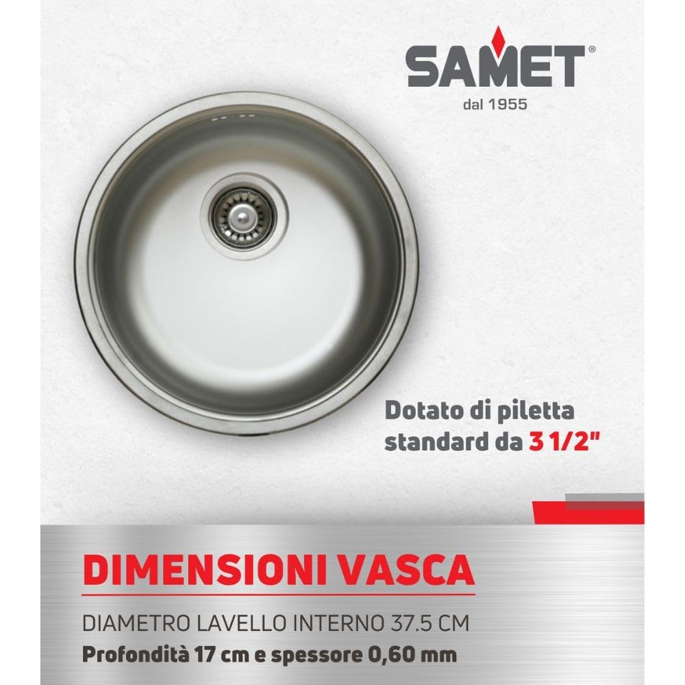 Lavello cucina a pozzetto in acciaio inox da incasso diam. 43.5 cm