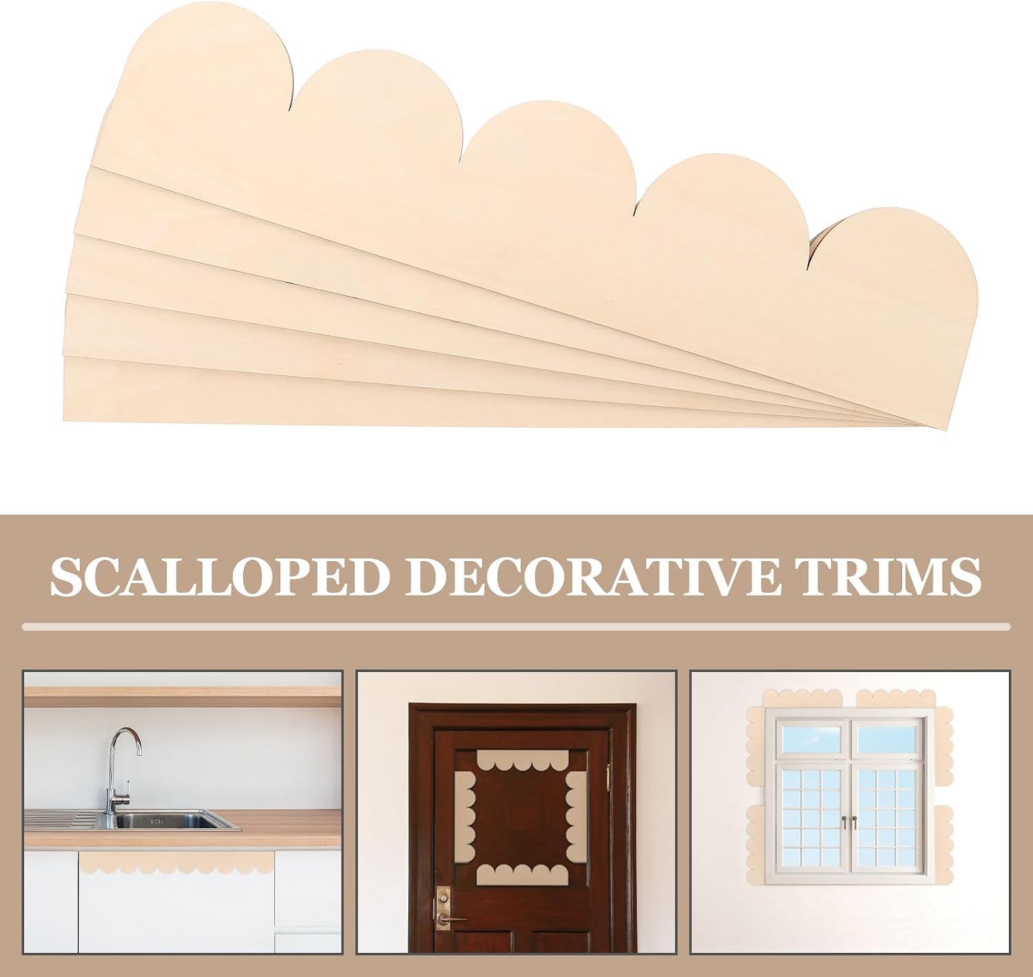 Sewroro 20pcs Unfinished Scalloped Wood Trim Moulding for Wall Cabinet Door Frame Decoration DIY Woodcrafts Shelf Edge Wood Border for Home Craft Projects