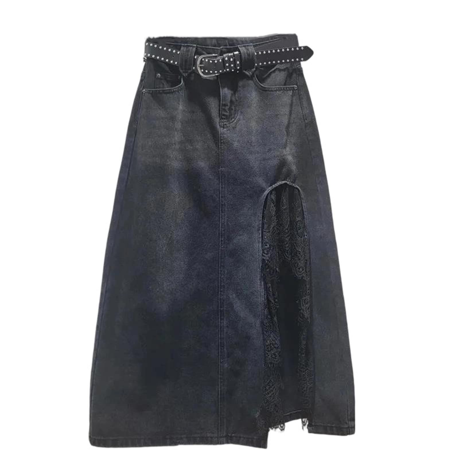 Womens High Waist Denim Lace Patchwork Mid Length Skirt Slim Fit A Line Split Hem Vintage Style Fashion