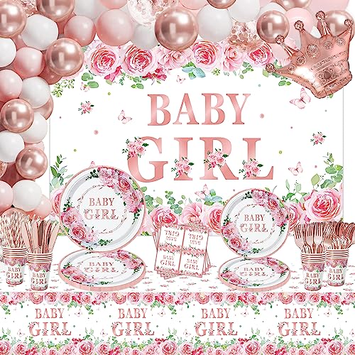 227 PCS Baby Shower Decorations for Girl Gender Reveal Party Supplies Tableware set Plate Napkins Baby Shower Backdrop Rose