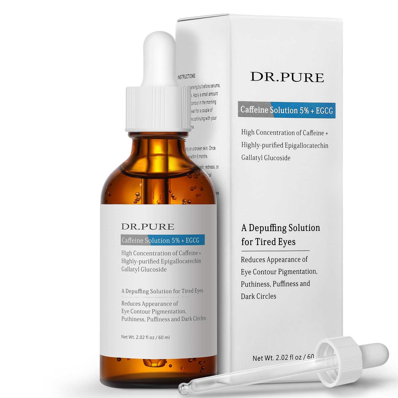 Dr. Pure Caffeine Solution 5% EGCG: Eye Contour Serum for Reduce Puffiness - Dark Circles Depuffing Solution for Tired Eyes Hydrating and Smoothing Formula with Hyaluronic Acid 2 Fl Oz