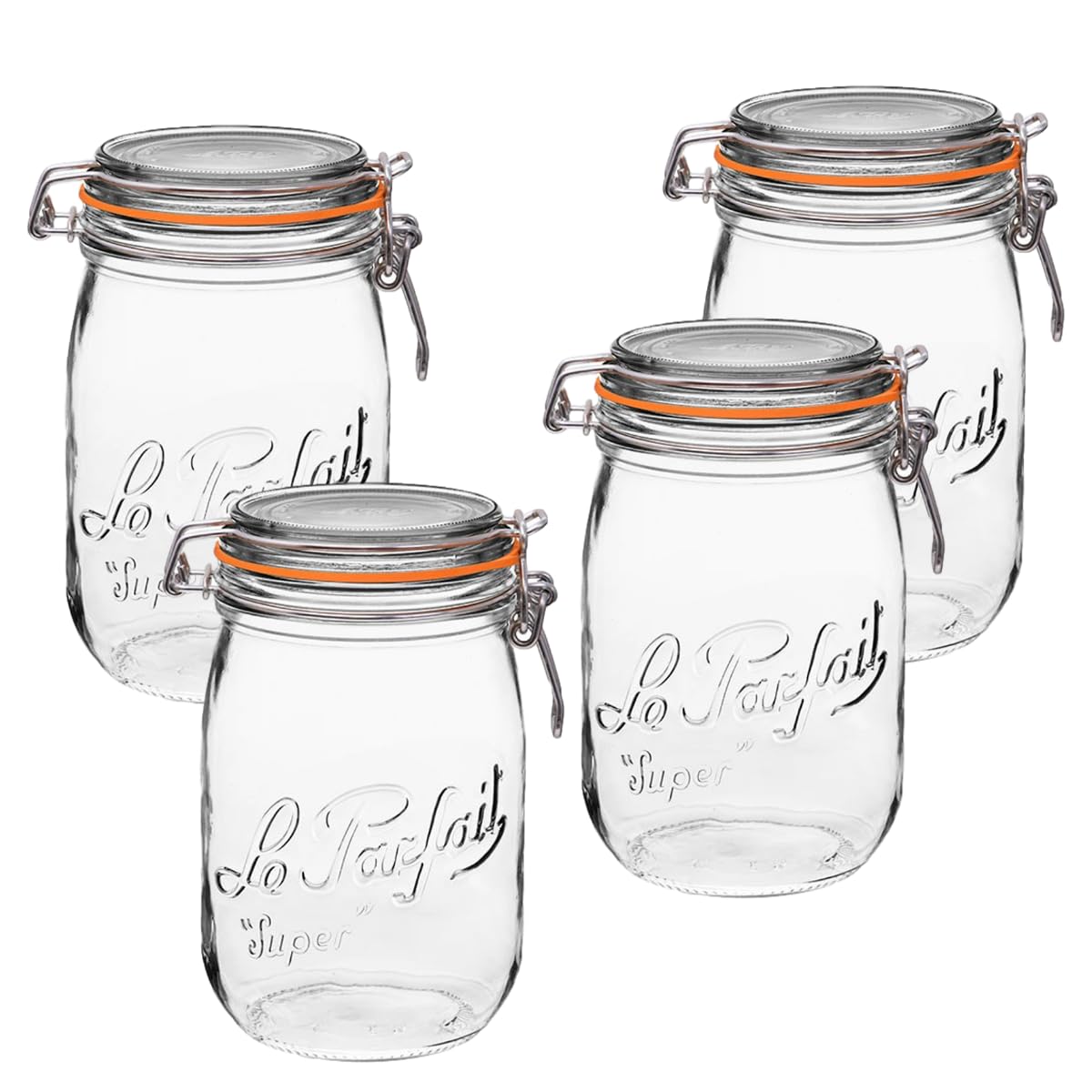 Le Parfait Super Jar: 1L French Glass Canning Jars w/Round Body, Wide Mouth, Airtight Lid (Clear, 32oz/Quart, 4 pk)