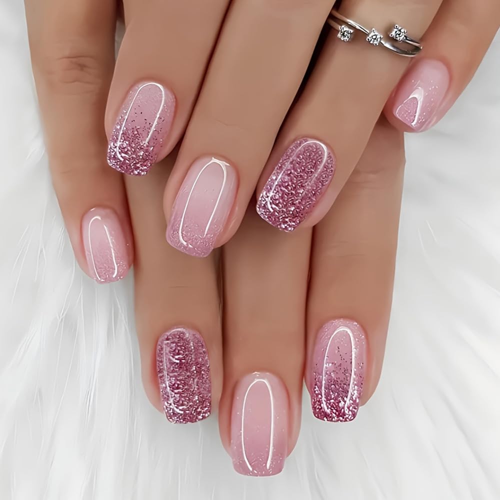 Glitter Ombre Press on Nails Short Square - WLGDLH Pink Fake Nails Acrylic Nails Press ons Nail Art Tips With Glitter Design Full Cover Glossy False