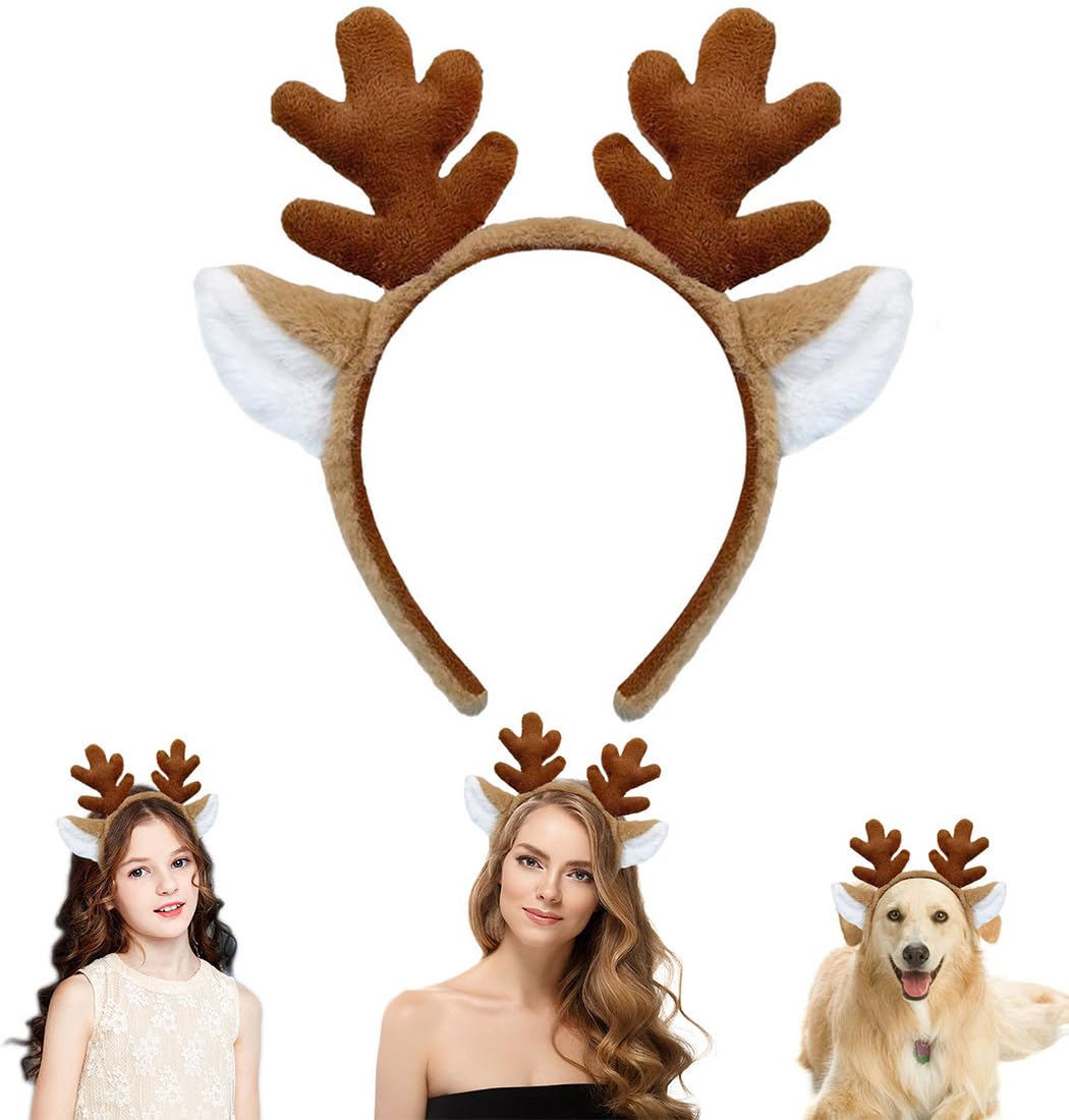 Kecartu 1 Pcs Reindeer Antlers Headband, Plush Animal Ears Headband for Adults, Cute Costume Headwear for Face Washing, Makeup, Christmas, Halloween Party, Cosplay, Short stubby antlers, Brown