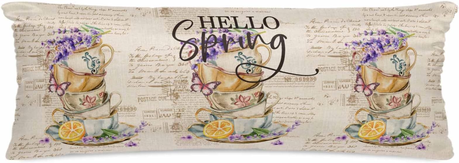 Long Body Pillowcase, Hello Spring Silk Pillow Cases for Hair and Skin with Zipper, Purple Floral Botanical Coffee Cups Rustic Soft Breathable Cooling Pillow Cover for Women, 20 x 54 Inches