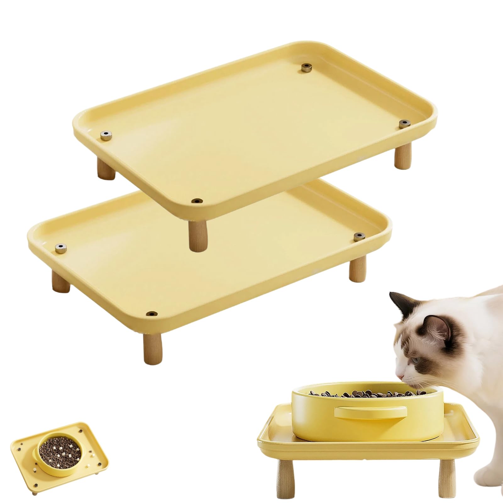 Raised Cat Feeding Tray, Waterproof Pet Food Mat With Wooden Legs, 2.5cm High Rim To Prevent Spills, Elevated Pet Feeding Station For Cats & Dogs, Non-Slip (2)